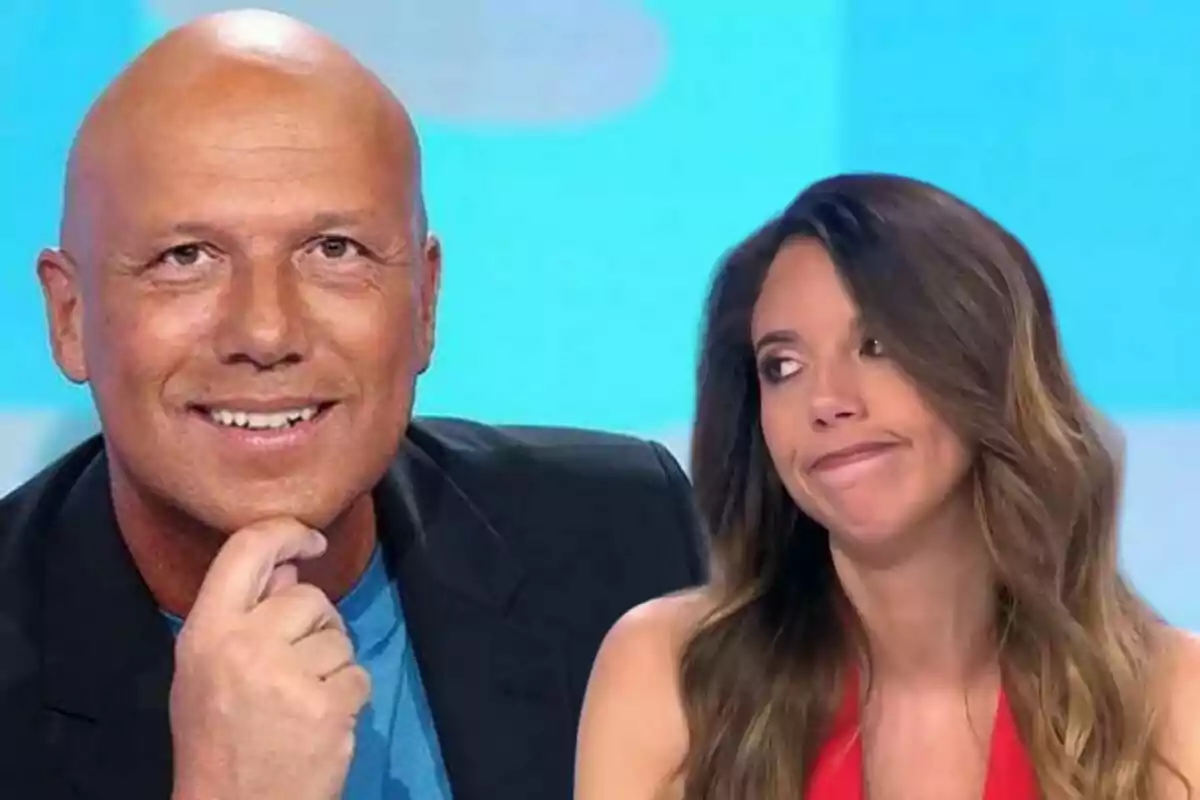 Alfonso Arús sonriendo y Tatiana Arús con expresión de desagrado sobre un fondo azul.