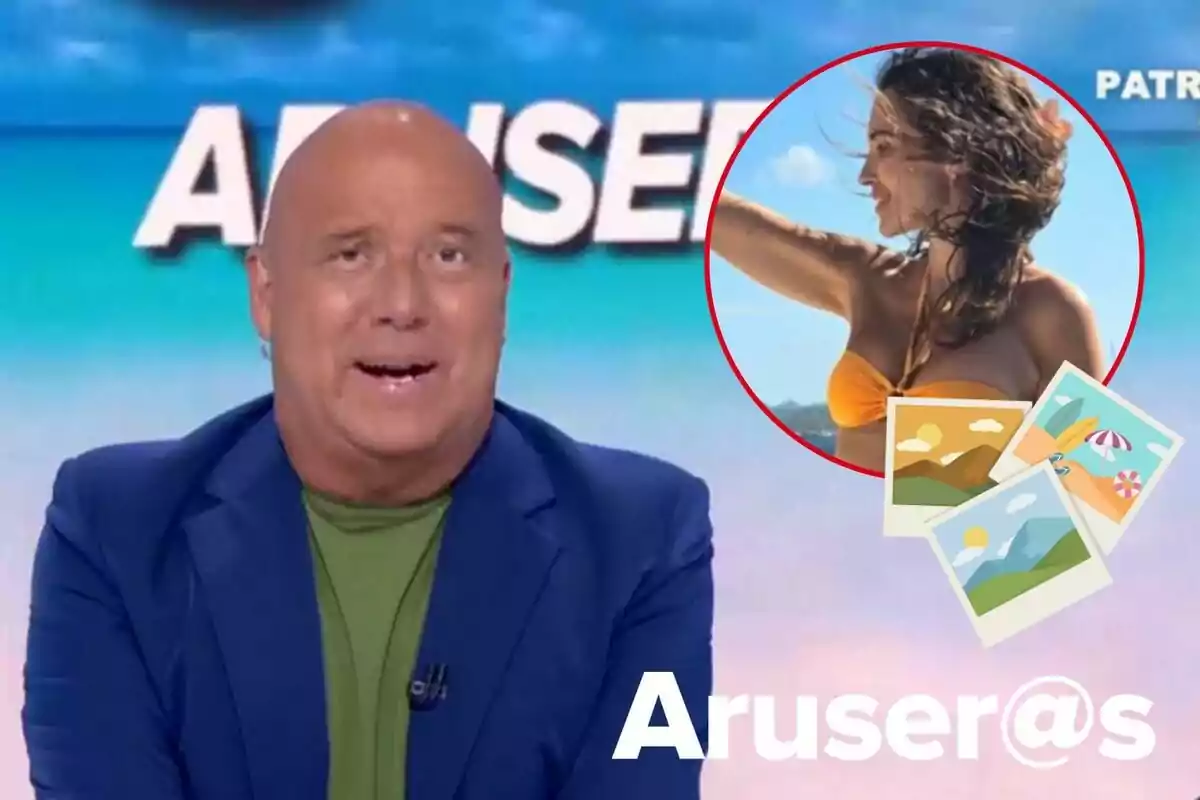 Montaje de Alfonso Arús hablando en traje azul y camiseta verde, Paula Echevarría en bikini naranja, unas fotos y el logo de Aruser@s