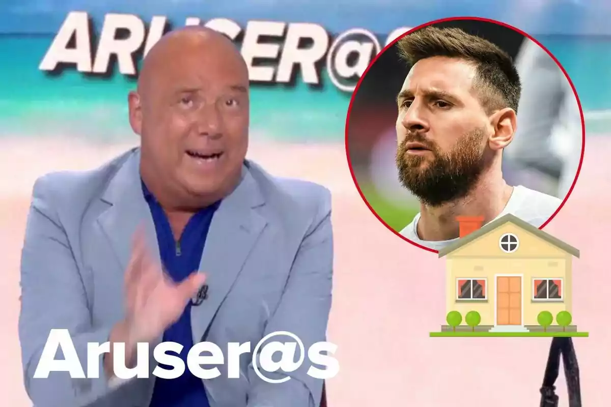 Montaje de Alfonso Arús hablando en traje gris y jersey azul, Leo Messi serio, una casa y el logo de 'Aruser@s'