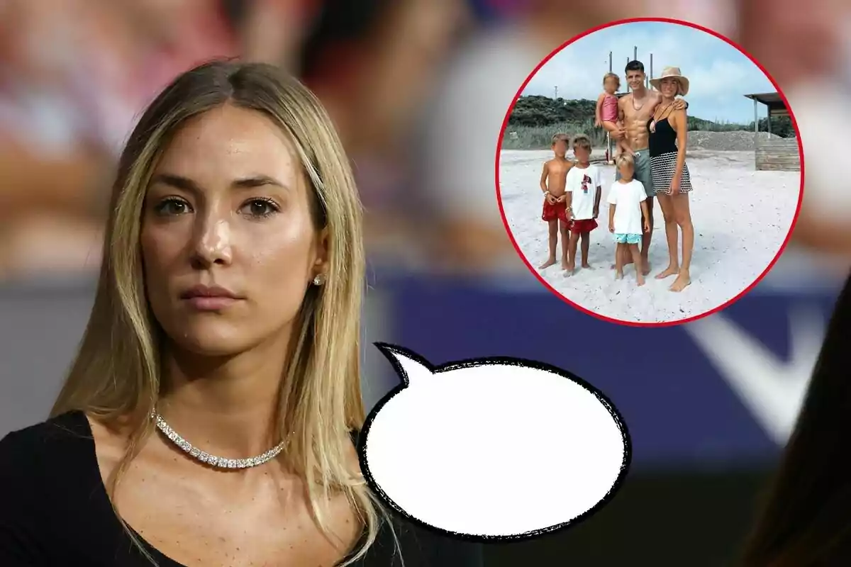 Alice Campello con expresión seria, un collar de diamantes y un globo de diálogo vacío; en la esquina superior derecha, una imagen circular de su familia en la playa.