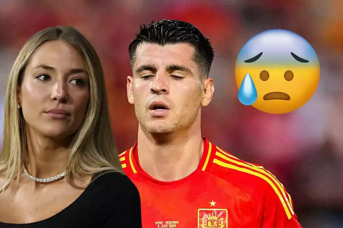 Alice Campello y Álvaro Morata con una camiseta de fútbol roja, junto a un emoji de cara preocupada con una gota de sudor.