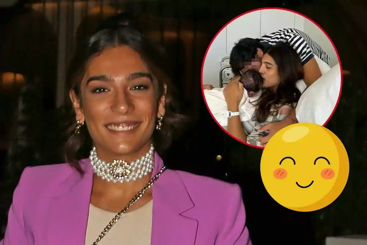 Alma Bollo sonriente con un collar de perlas y un saco morado, con una imagen insertada en un círculo rojo que muestra a una pareja besando a un bebé recién nacido y un emoji sonriente en la esquina inferior derecha.