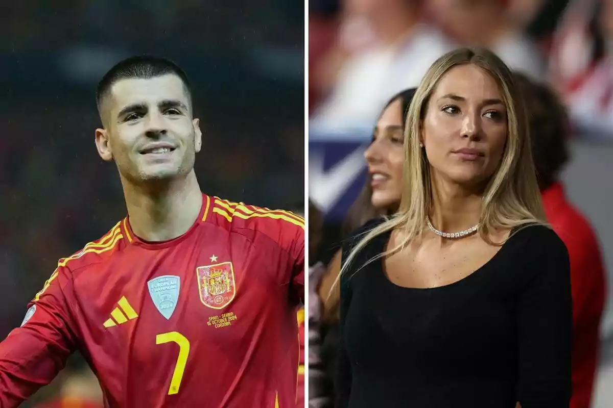 Álvaro Morata con el uniforme de la selección española sonríe en el campo mientras Alice Campello rubia observa desde las gradas.