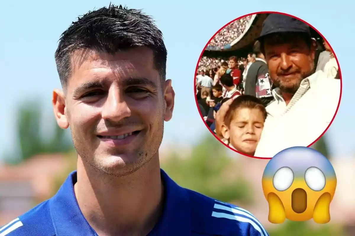 Álvaro Morata smiling with a superimposed image of him and Alfonso Morata in a stadium, alongside a surprised emoji.