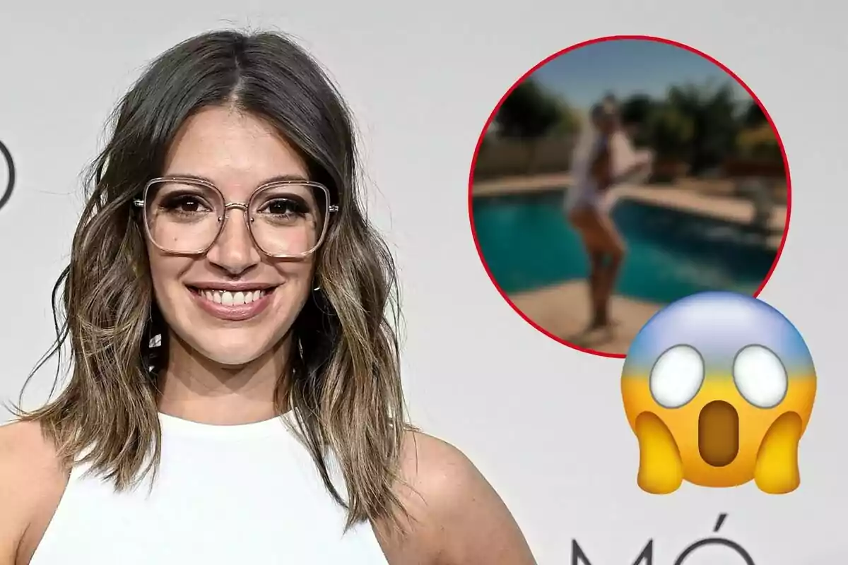 Ana Guerra con gafas sonríe a la cámara, mientras en un círculo rojo en la esquina superior derecha se muestra una imagen borrosa de una persona junto a una piscina, acompañada de un emoji de cara sorprendida.