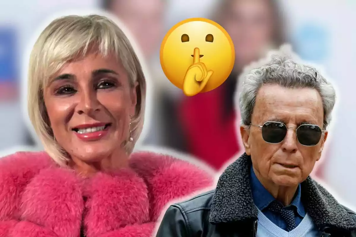 Ana María Aldón y José Ortega Cano con abrigo rosa y un hombre con chaqueta de cuero y gafas de sol, con un emoji de silencio en el fondo.