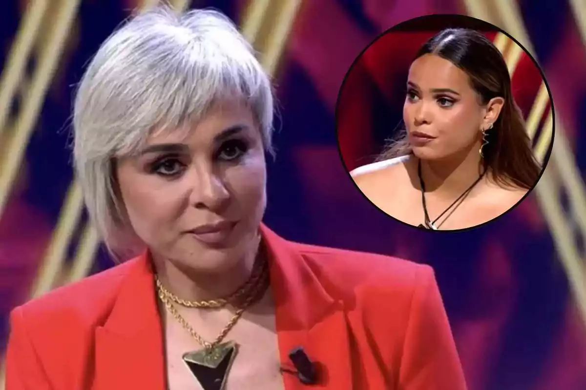 Ana María Aldón y Gloria Camila en un programa de televisión, una con cabello corto y rubio y otra con cabello largo y oscuro en un recuadro circular.
