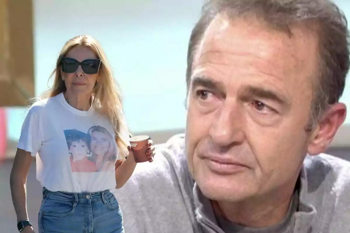 Ana Obregón con gafas de sol y una camiseta con una foto de ella y Aless Lequio, sosteniendo un vaso, junto a una imagen de Alessandro Lequio con expresión seria.