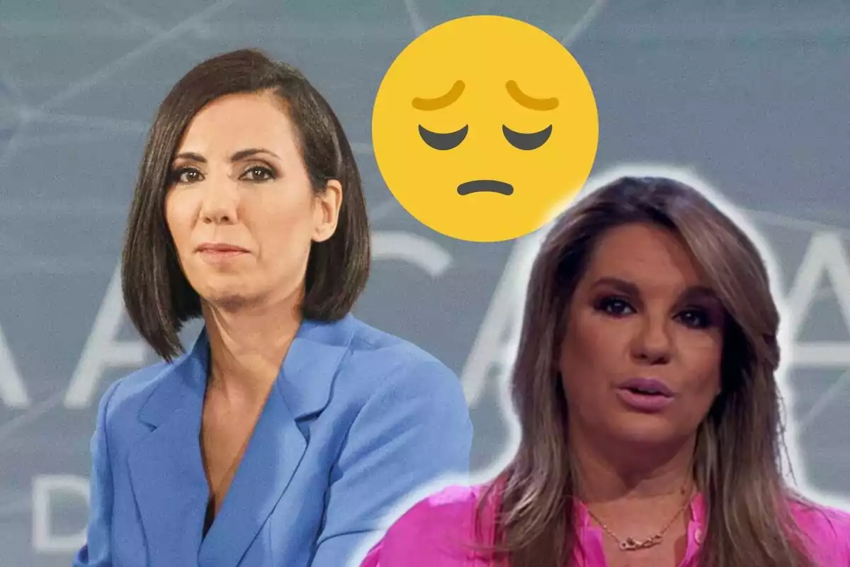 Ana Pastor y Carmen Porter en un fondo azul con un emoji de cara pensativa superpuesto.