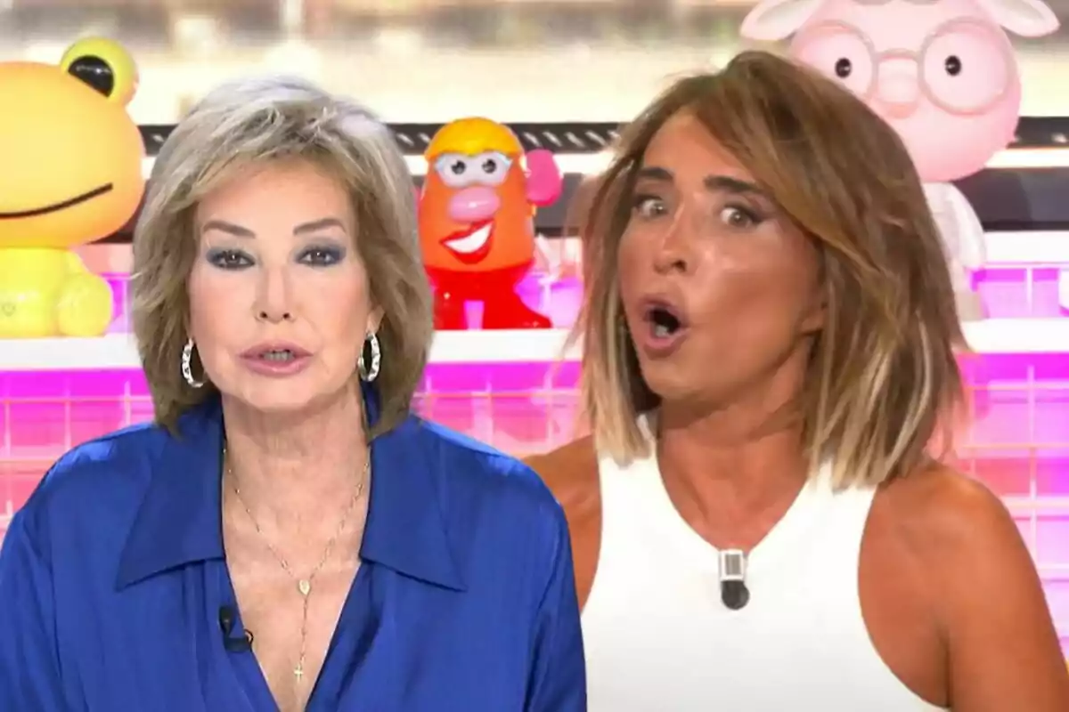 Ana Rosa Quintana and María Patiño on a television set with colorful toys in the background.