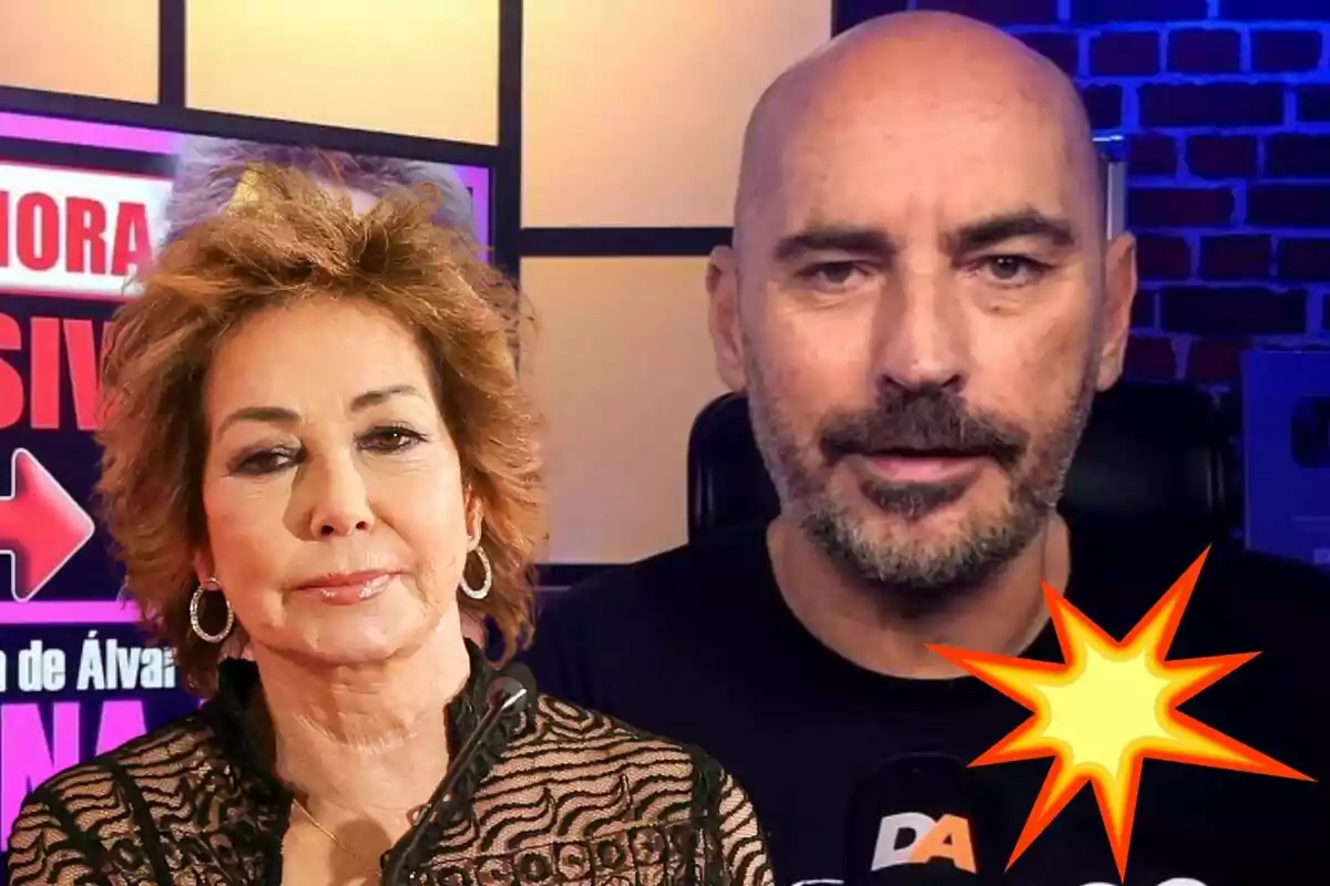 Ana Rosa Quintana y Diego Arrabal en un estudio de grabación con un letrero de "EXCLUSIVA" en el fondo y un gráfico de explosión en la esquina inferior derecha.