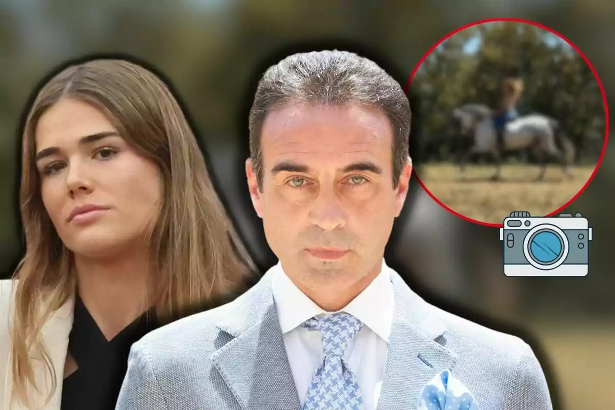 Ana Soria y Enrique Ponce posan juntos, con un fondo desenfocado y un recuadro que muestra a una persona montando un caballo.