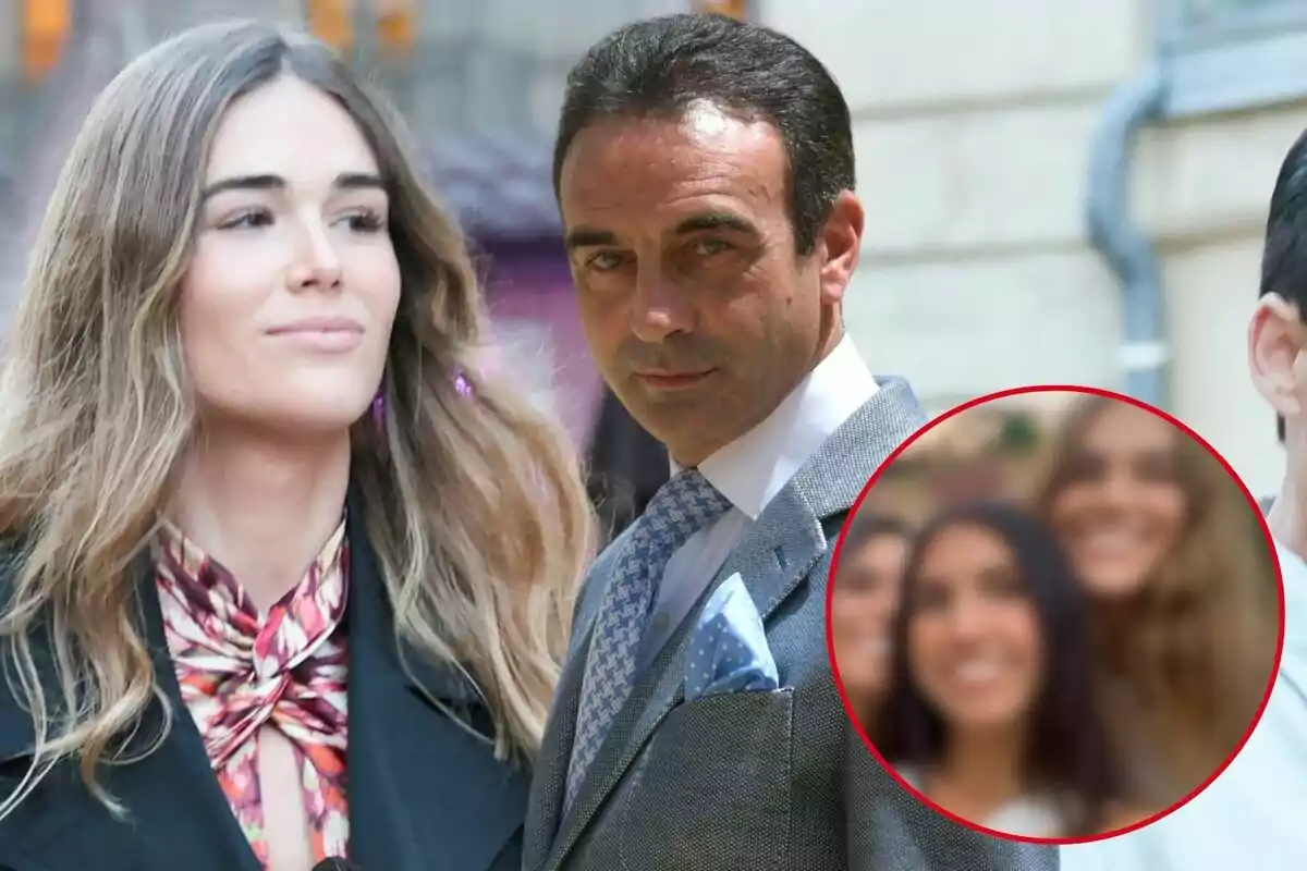 Ana Soria y Enrique Ponce posan juntos, ambos bien vestidos, con una imagen borrosa de varias personas sonriendo en un círculo rojo en la esquina inferior derecha.