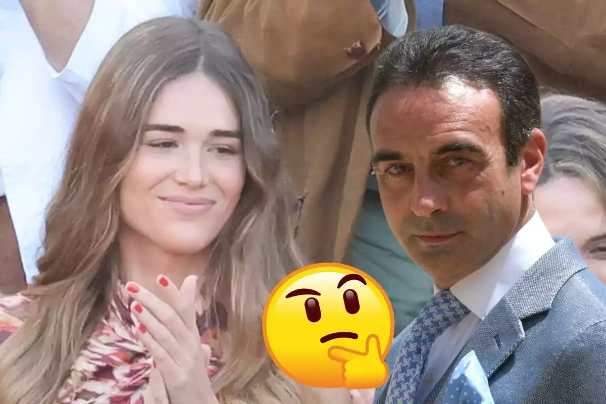 Montaje de Ana Soria sonriendo con las manos juntas, Enrique Ponce sonriendo con un traje y corbata azul y un emoji pensando