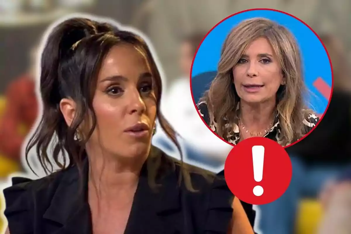 Anabel Pantoja with her hair up and a serious expression appears in the foreground, while a red circle in the background shows Gema López with her hair down and an exclamation mark.