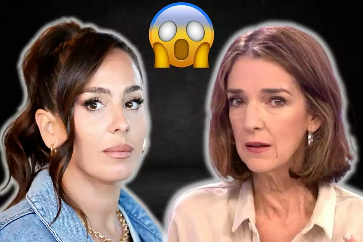 Anabel Pantoja y Paloma García-Pelayo mirando hacia la cámara con una expresión seria y un emoji sorprendido en el centro.