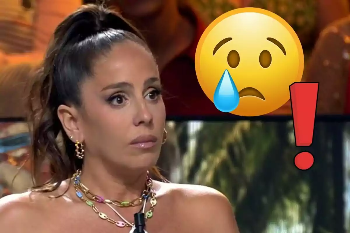 Anabel Pantoja con expresión de sorpresa o preocupación junto a un emoji de cara triste y un signo de exclamación.