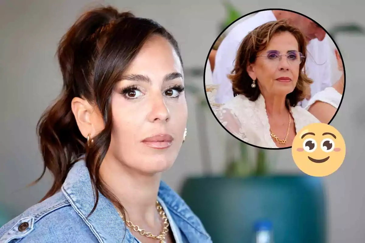 Anabel Pantoja con chaqueta de mezclilla mira hacia adelante mientras en un círculo se muestra a Mercedes Bernal con gafas y expresión seria; hay un emoji sonriente en la imagen.
