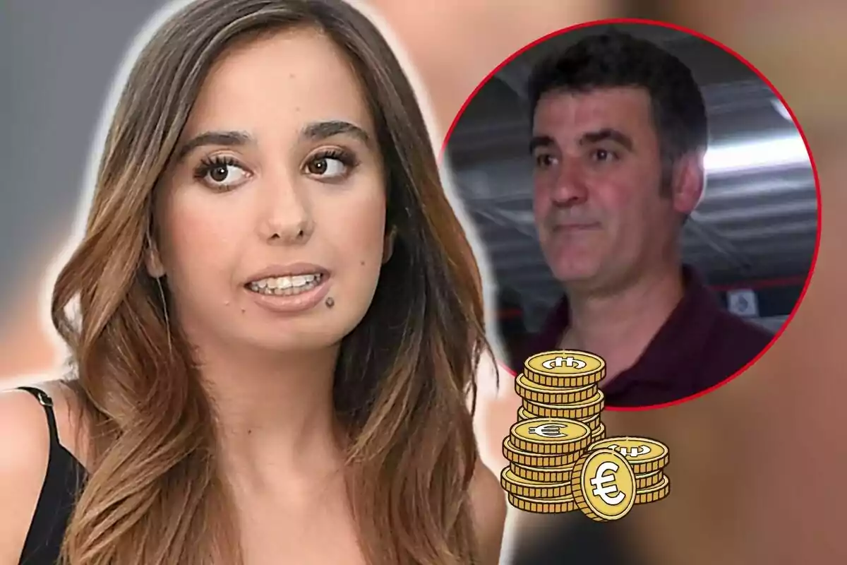 Andrea Janeiro con cabello castaño claro y expresión seria aparece en primer plano mientras Jesulín de Ubrique está en un círculo rojo en el fondo con un gráfico de monedas apiladas con el símbolo del euro.