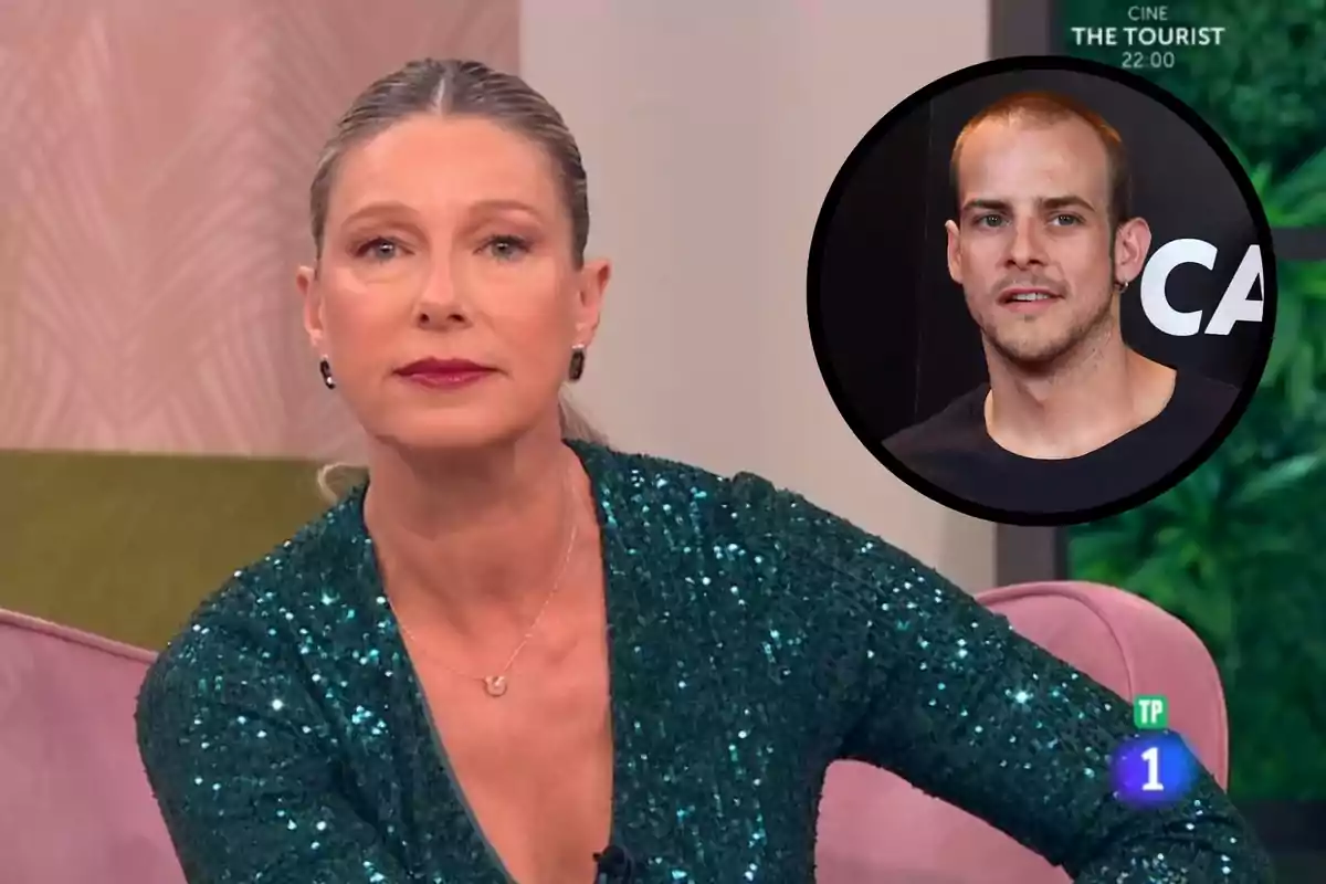 Montage with Anne Igartiburu, wearing a shiny green dress, sitting on a sofa of the show 'D Corazón', and Álex Casademunt inside a black circle.