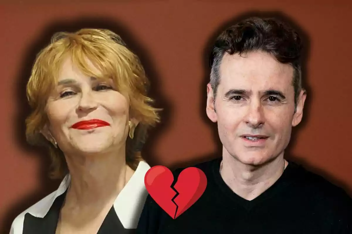 Antonia San Juan y Luis Miguel Seguí posan juntas con un corazón roto superpuesto en el centro de la imagen.