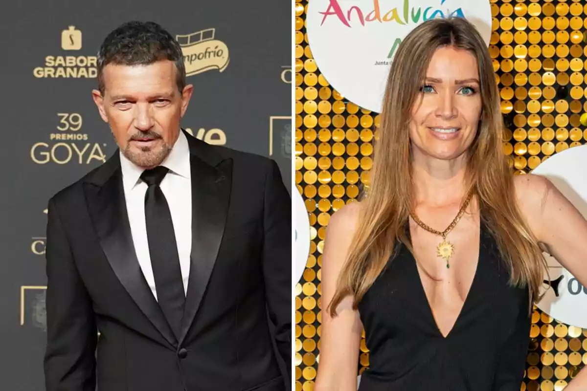 Antonio Banderas y Nicole Kimpel posando en un evento formal con fondo de logotipos y decoraciones. Antonio Banderas y Nicole Kimpel posando en un evento formal con fondo de logotipos y decoraciones.