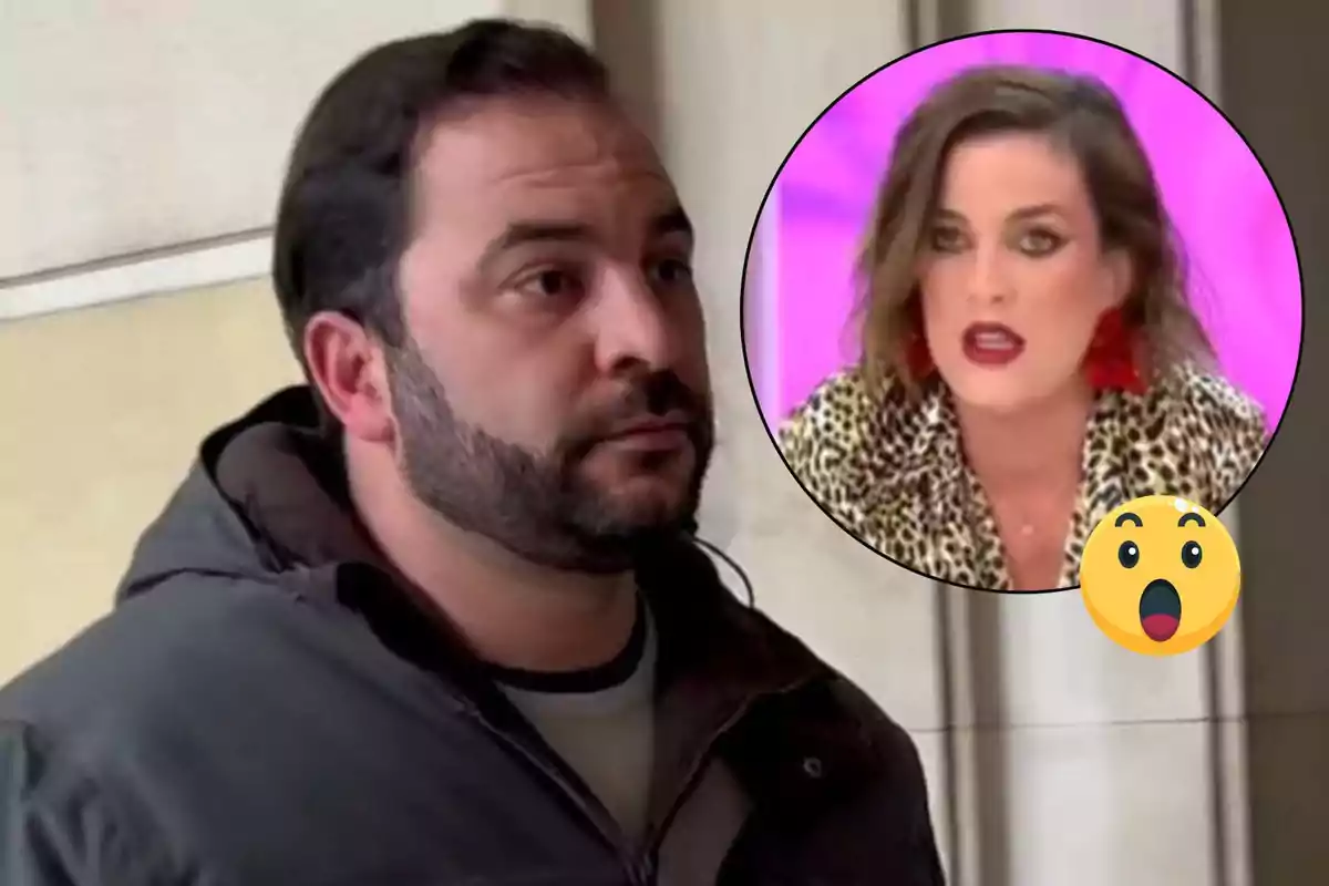 Antonio Tejado con barba y chaqueta oscura aparece en primer plano, mientras que en un círculo superpuesto se ve a Leticia Requejo con expresión sorprendida, fondo rosa y blusa de estampado animal.