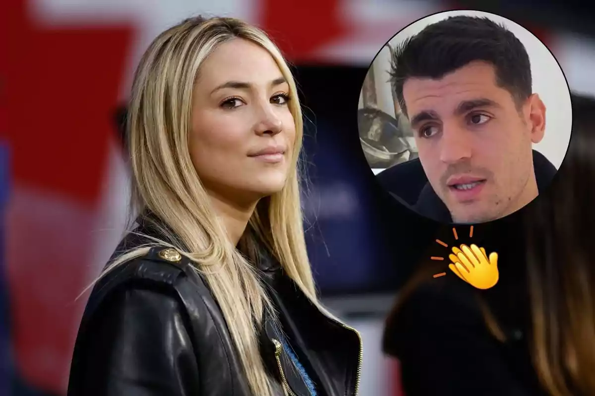 Alice Campello rubia con chaqueta de cuero negro está de perfil mientras en la esquina superior derecha hay un círculo con la imagen de Álvaro Morata y un emoji de aplausos.