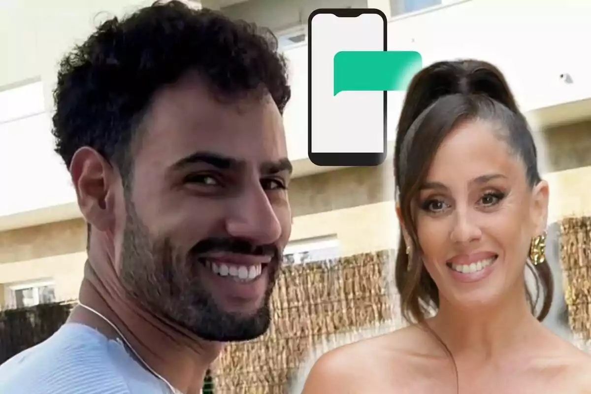 Asraf Beno y Anabel Pantoja sonrientes con un ícono de mensaje de texto sobre un fondo exterior.