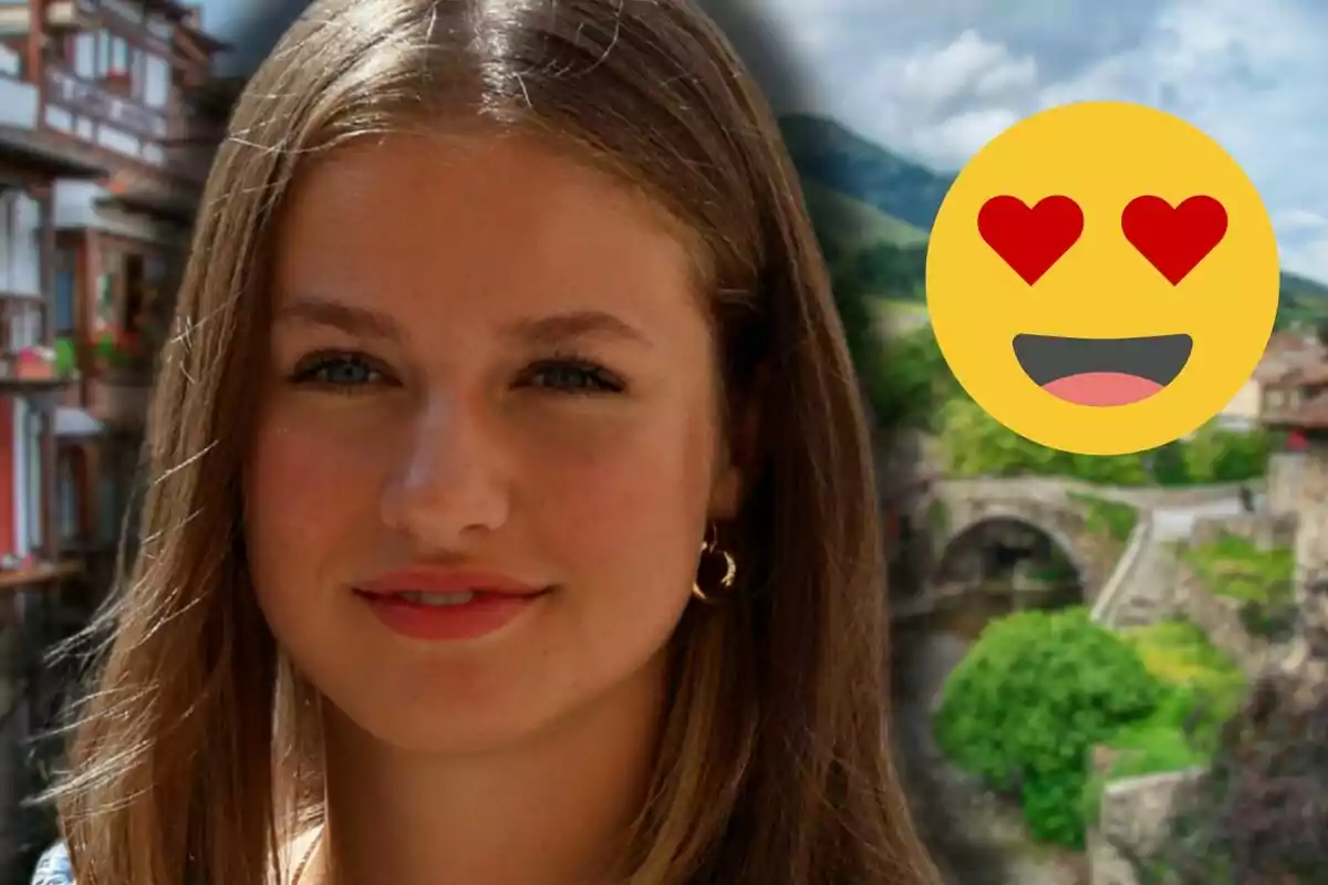 La princesa Leonor sonriente con un emoji de ojos de corazón sobre un fondo de paisaje urbano.