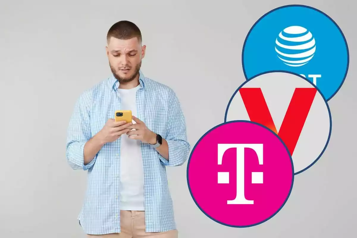 A man in a checkered jersey looks at his yellow mobile phone as telecommunications company logos appear.