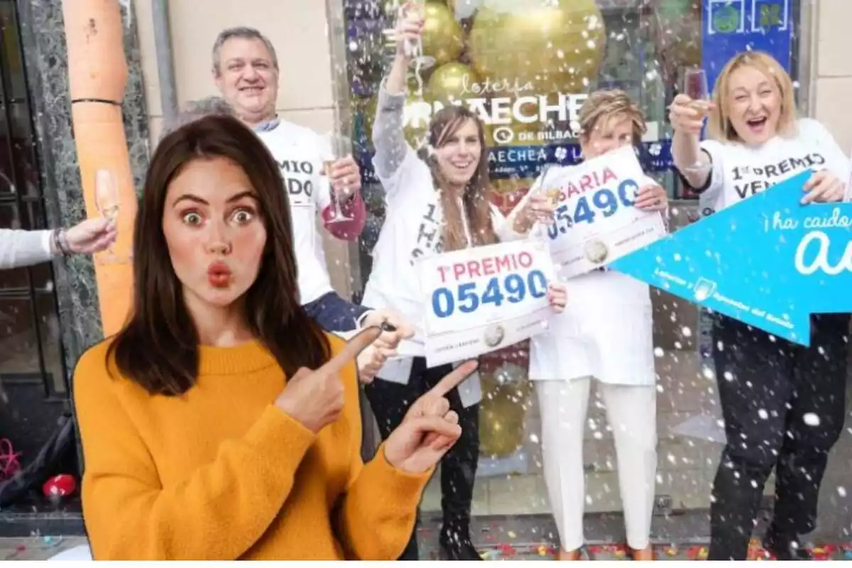 Montaje de celebración de Lotería de Navidad y una mujer sorprendida