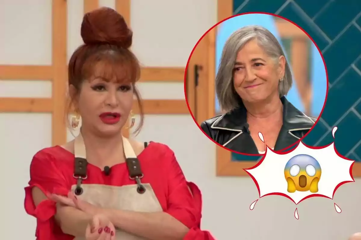 Yurena with her hair up and a red apron is talking, while in a red circle Eva Arguiñano with gray hair is smiling, next to a surprised emoji.