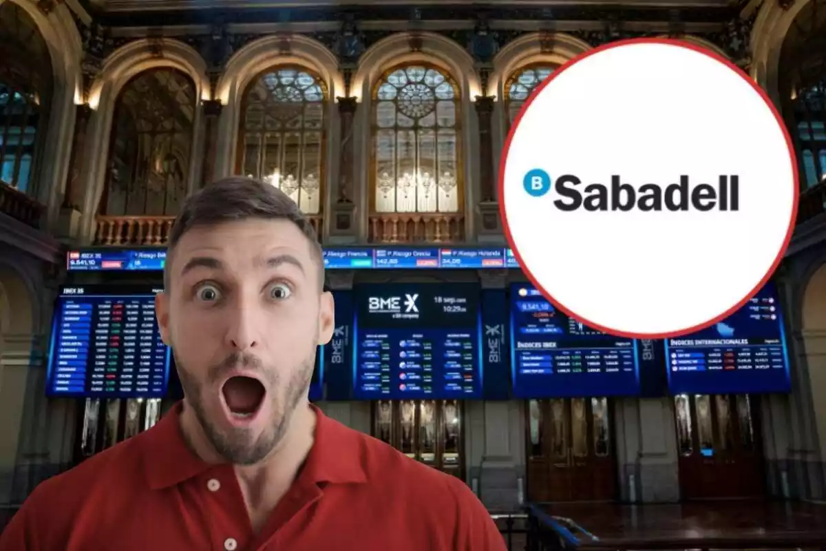 Montaje del logo del Banco Sabadell, la Bolsa de Madrid y un hombre impactado