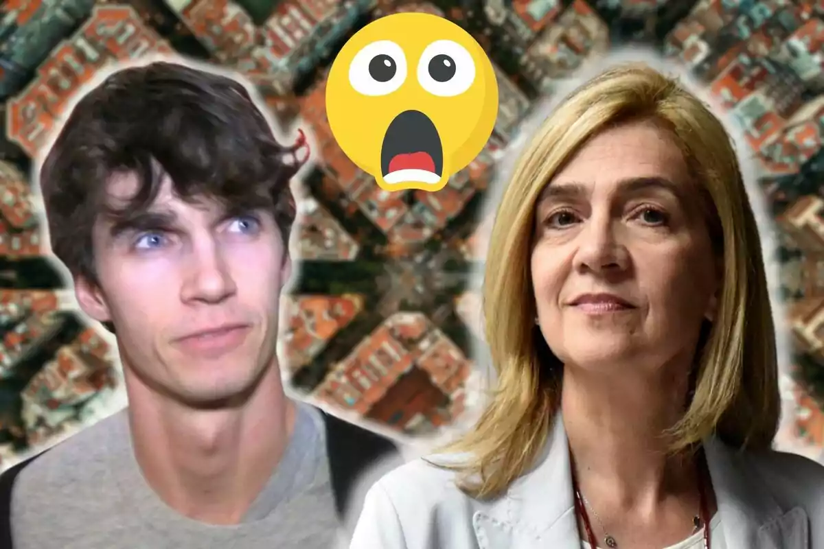 Pablo Urdangarin y la infanta Cristina con una expresión de sorpresa y un emoji de cara asombrada sobre un fondo de edificios.