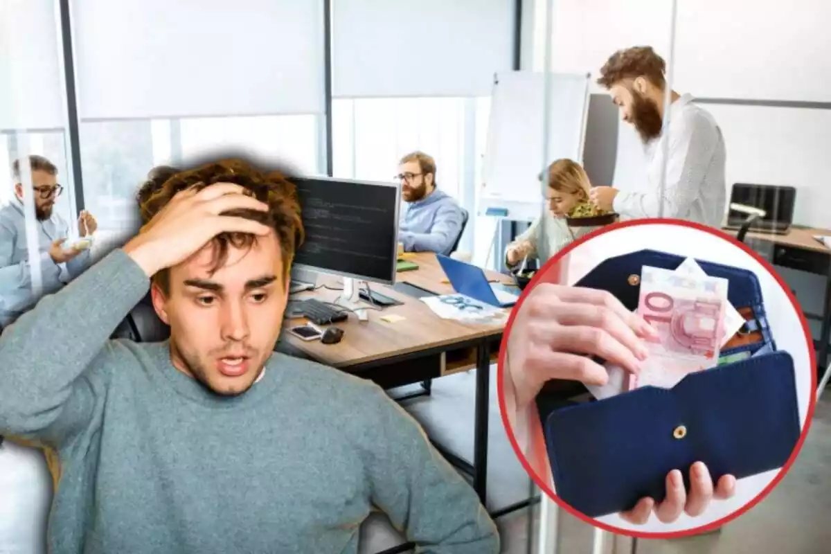 Un hombre se lleva las manos a la cabeza, al fondo una oficina con trabajadores y en el círculo, una cartera con billetes