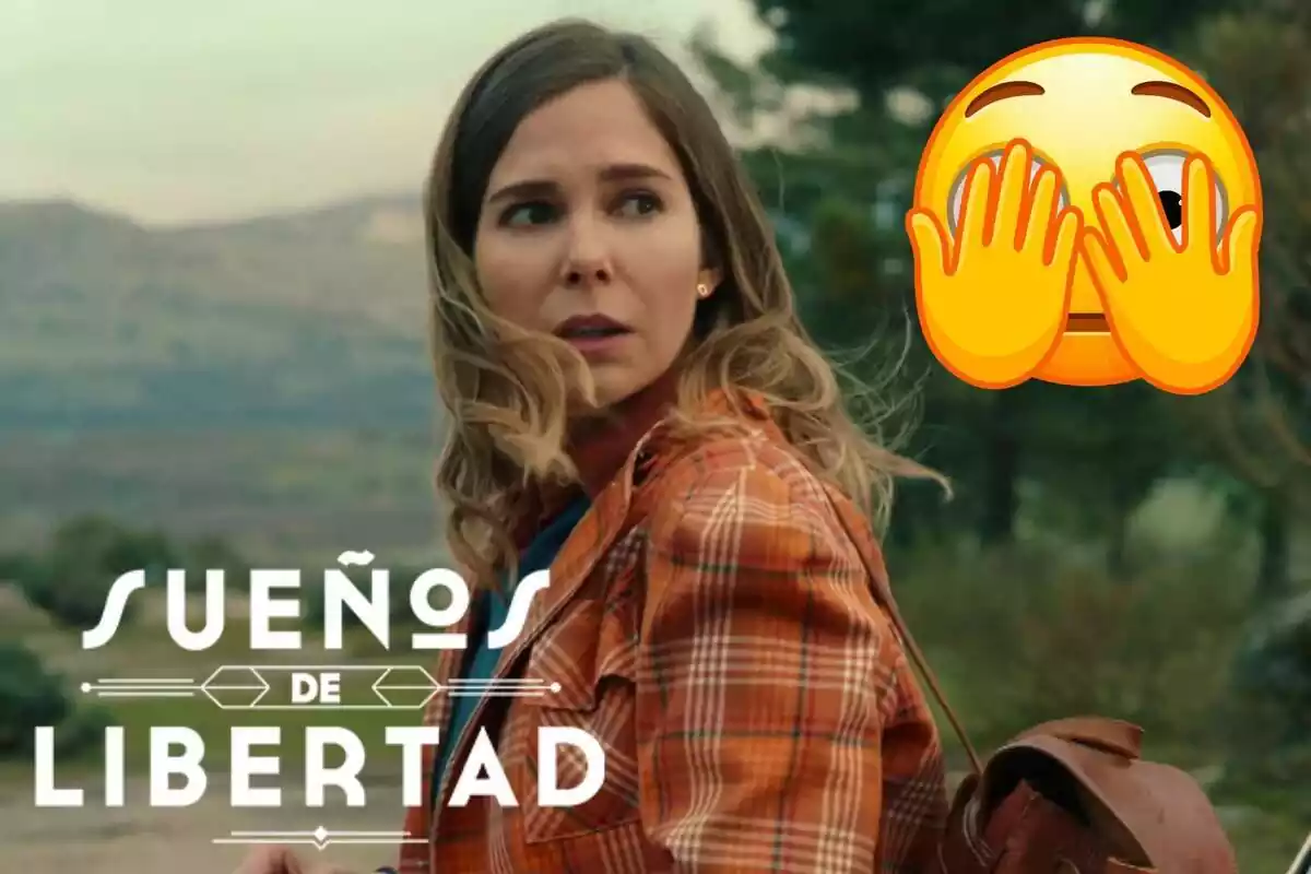 Montaje de 'Sueños de Libertad' con Begoña mirando hacia atrás con una camisa de cuadros y una mochila, el logo de la serie y un emoji escondiéndose