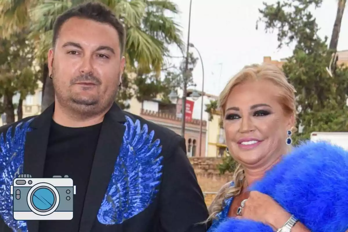 Belén Esteban y Miguel Marcos posando al aire libre, ambos vestidos con ropa elegante y detalles en azul.