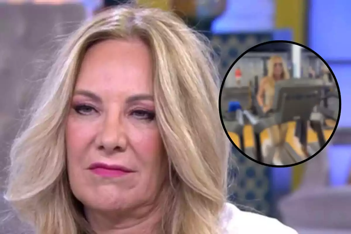 Montaje con Belén Rodríguez, rubia con expresión seria en primer plano, y un círculo con una imagen distorsionada de ella corriendo en una cinta andadora