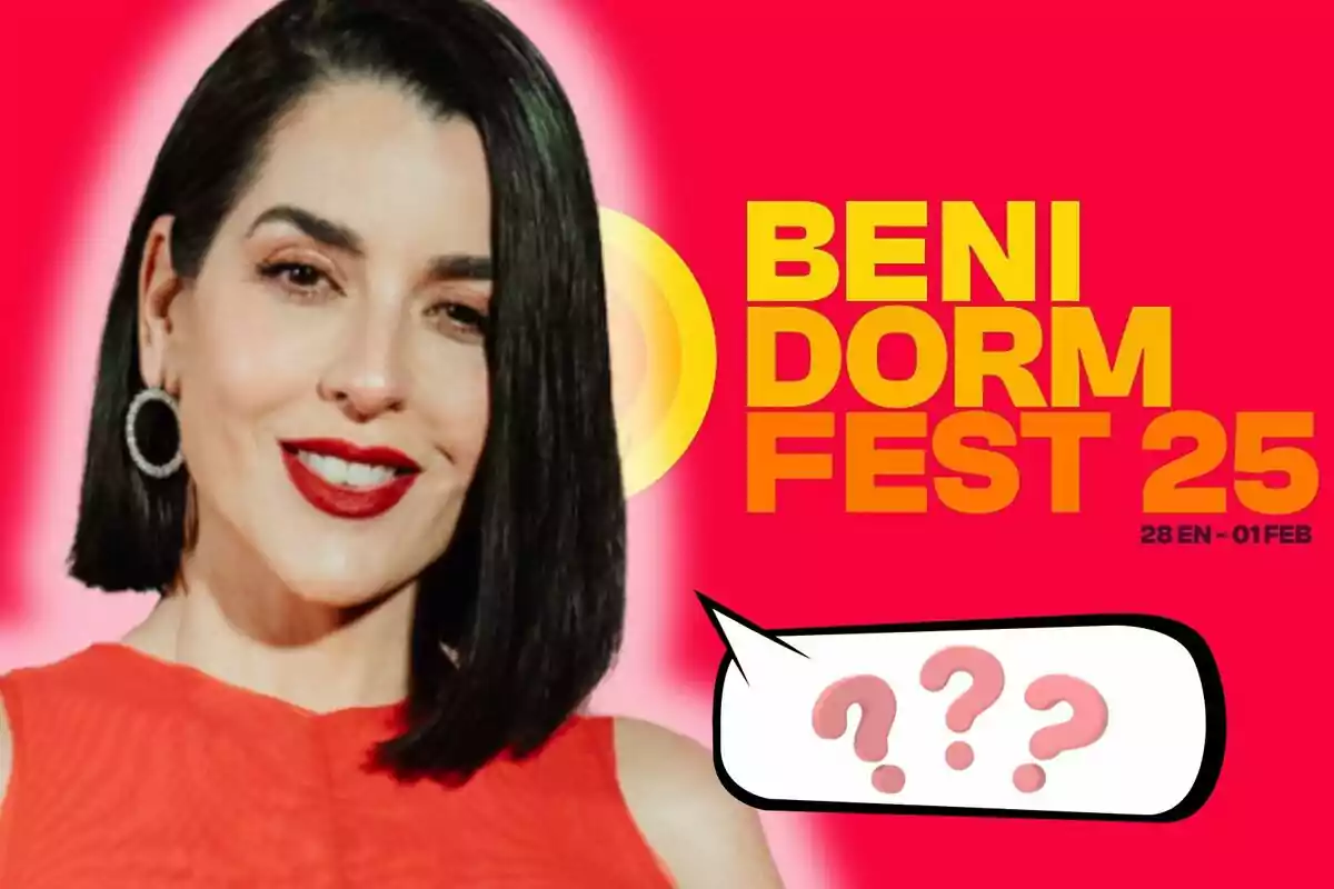 Ruth Lorenzo with dark hair and red lips smiles in front of a red background with the text "Benidorm Fest 25" and dates "28 EN - 01 FEB", next to a speech bubble with question marks.