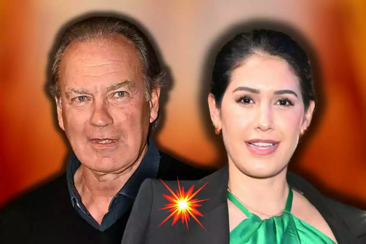 Bertín Osborne y Gabriela Guillén posan frente a un fondo difuminado con un efecto de explosión gráfica en el centro.