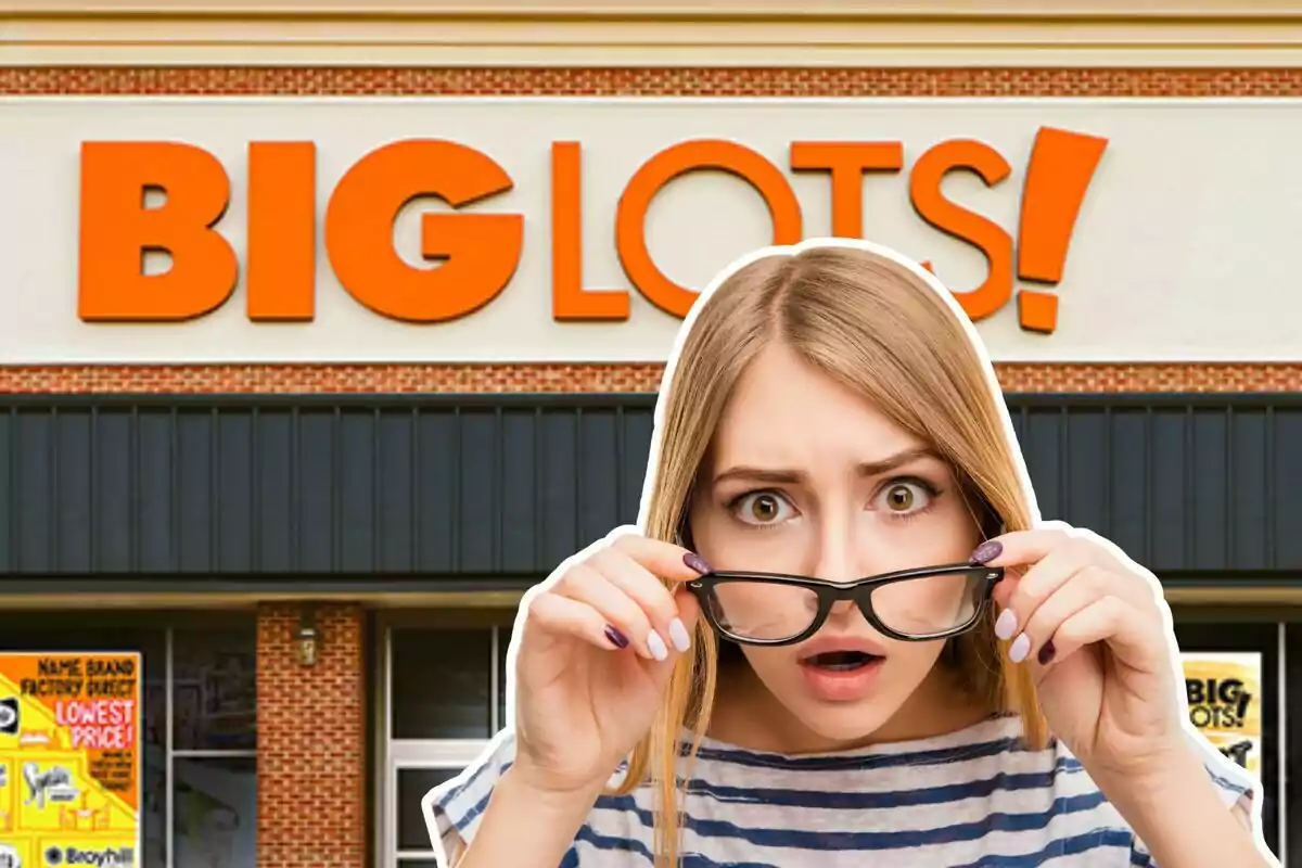 Mujer sorprendida frente a una tienda Big Lots