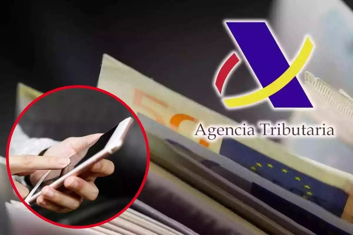 Montage with several euro bills, the logo of the Tax Agency and a circle with hands holding a mobile phone