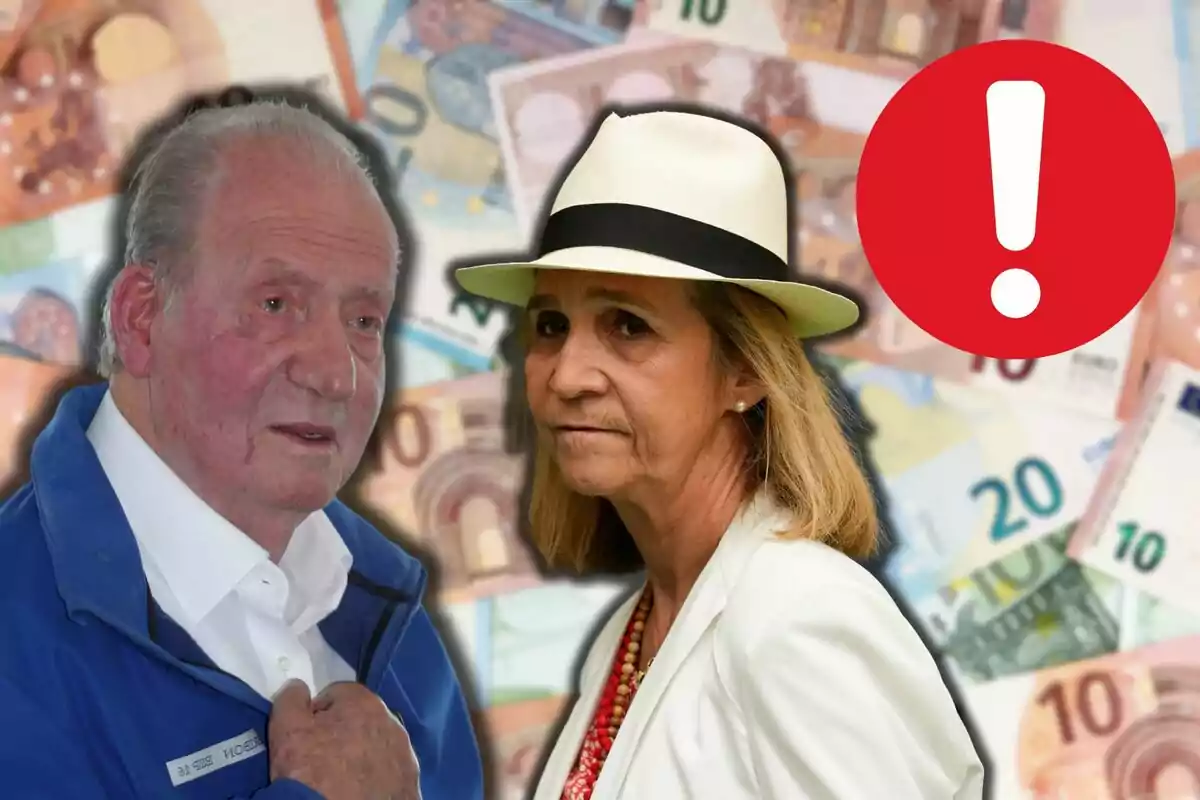 Juan Carlos I y la infanta elena, un hombre y una mujer, con un fondo de billetes de euro y un signo de exclamación rojo.