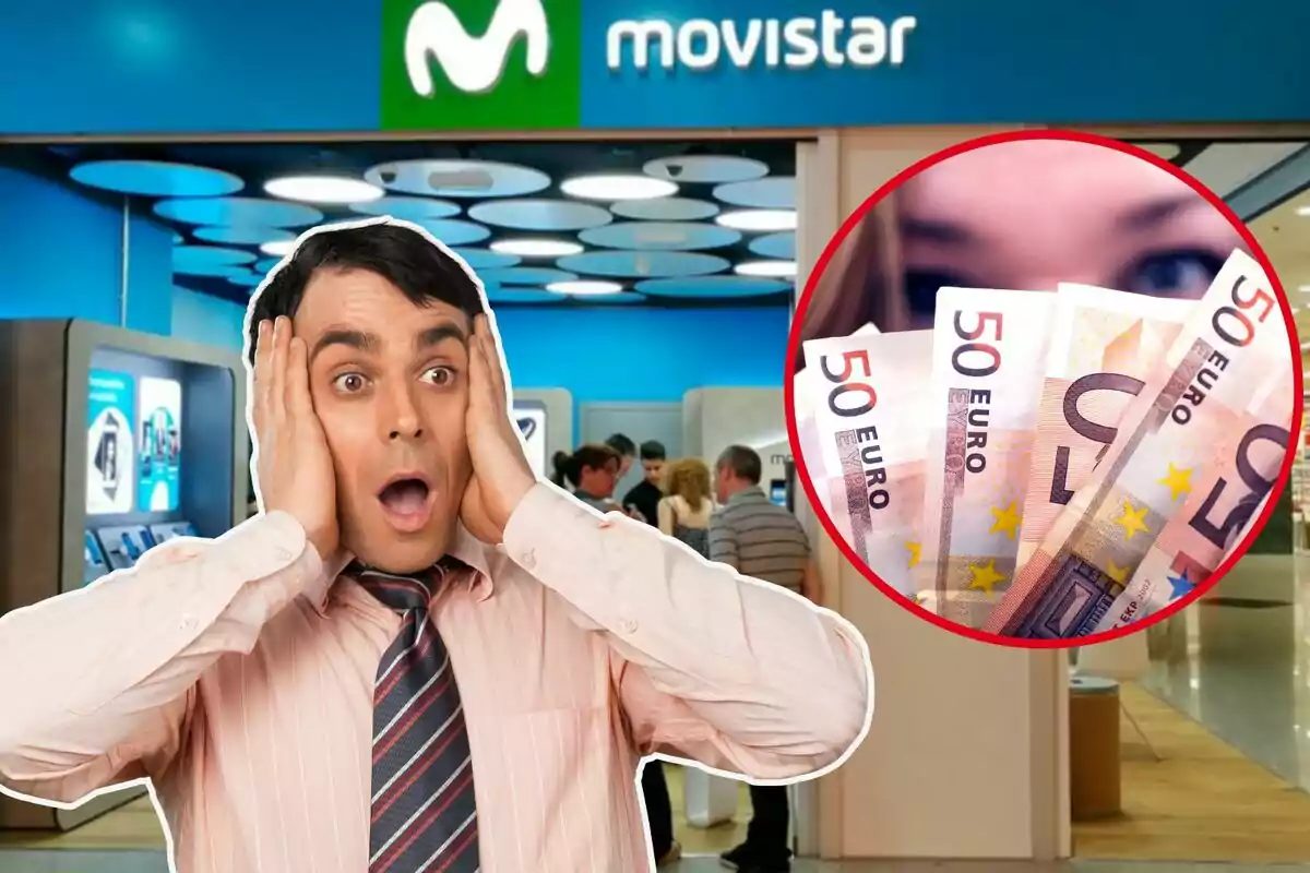 Una tienda de Movistar al fondo, un hombre sorprendido y en el círculo, unos billetes de 50 euros
