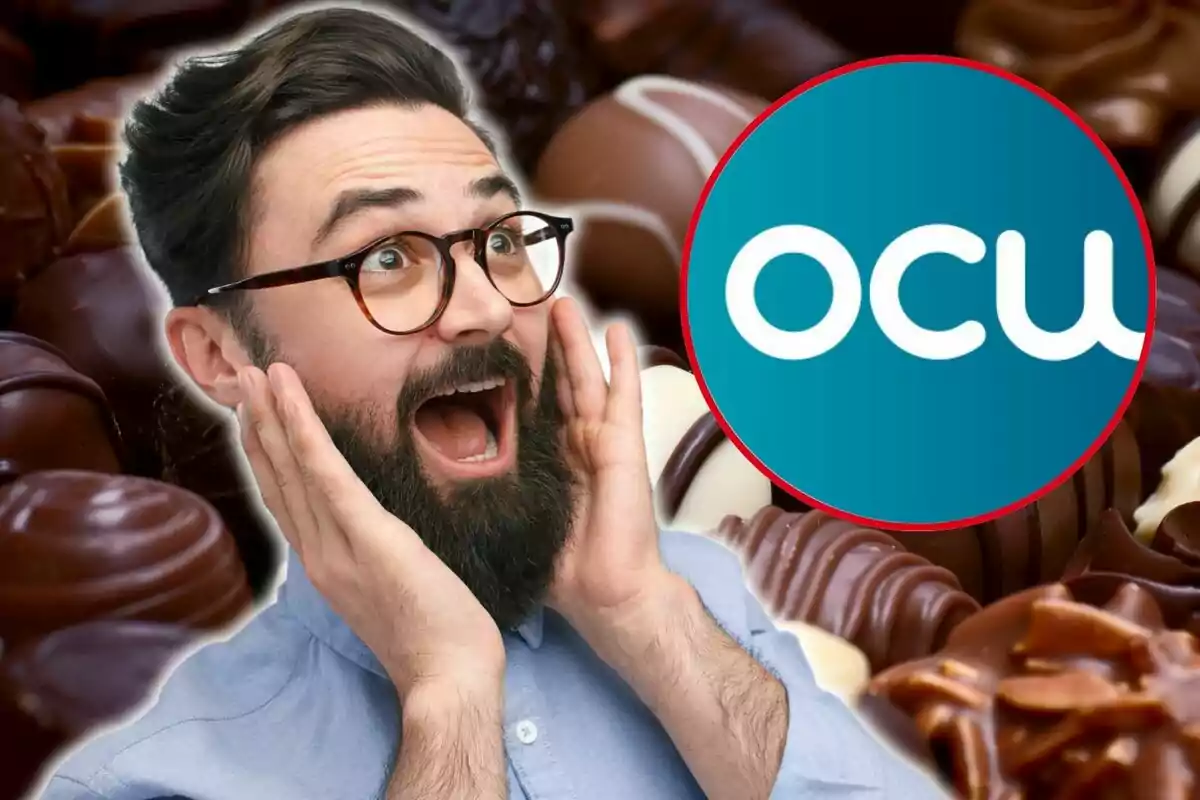 Hombre sorprendido con fondo de chocolates y logo de OCU. Hombre sorprendido con fondo de chocolates y logo de OCU.