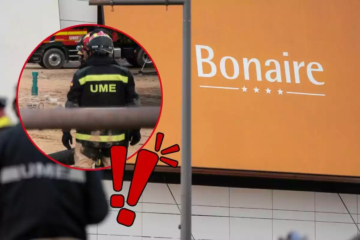 Un miembro de la UME en uniforme de trabajo frente a un cartel que dice "Bonaire" con un círculo rojo resaltando la escena.