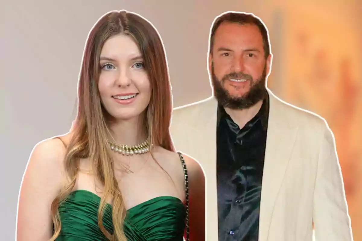 Una mujer con vestido verde y collar de perlas junto a un hombre con barba y chaqueta clara.