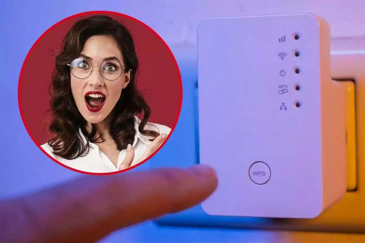 Una persona sorprendida junto a un dispositivo electrónico con un botón WPS. Una persona sorprendida junto a un dispositivo electrónico con un botón WPS.