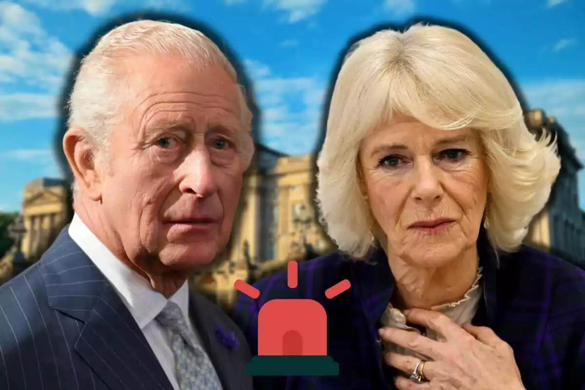 King Charles III and Queen Camilla with serious expressions and a warning icon in front of a historic building under a blue sky
